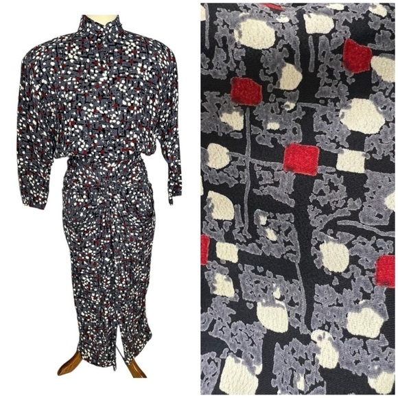 Vintage Long Sleeve Womens Wiggle Dress Small Bodycon Abstract Dots Unique Retro - Picture 1 of 14